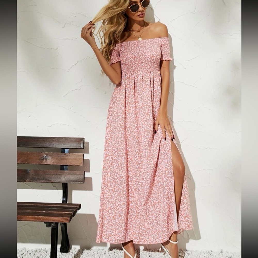 Pink and white Floral off shoulder split thigh maxi dress